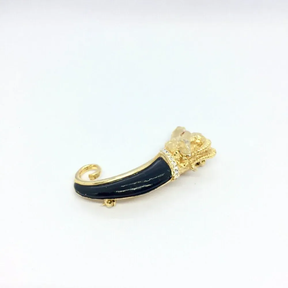 VINTAGE RAM BROOCH Black Enamel Horn Rhinestone Gold Tone Aries Statement Pin